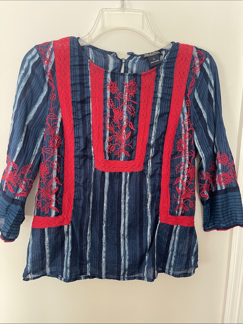 Lucky Brand Navy & Red Embroidered Striped Tunic